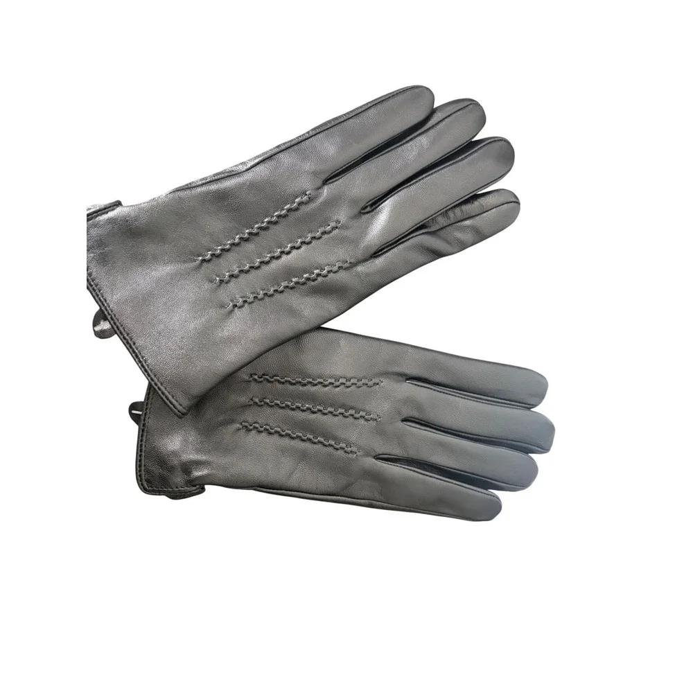 Womens Black Leather Gloves Three Point Stitching Elastic Wrist‎ Size Medium